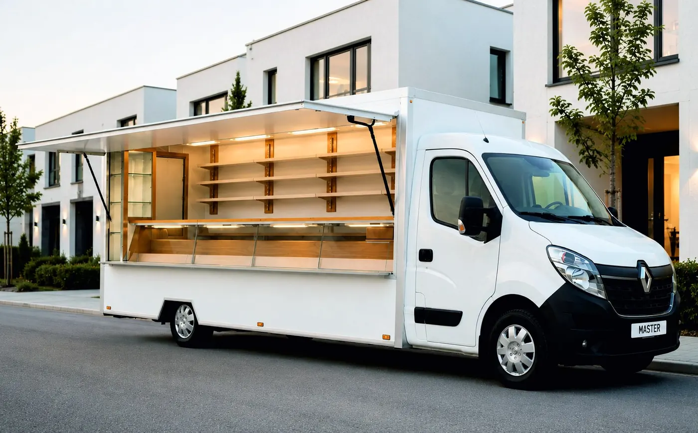 Bäckerfahrzeug mit geöffneter Verkaufsklappe